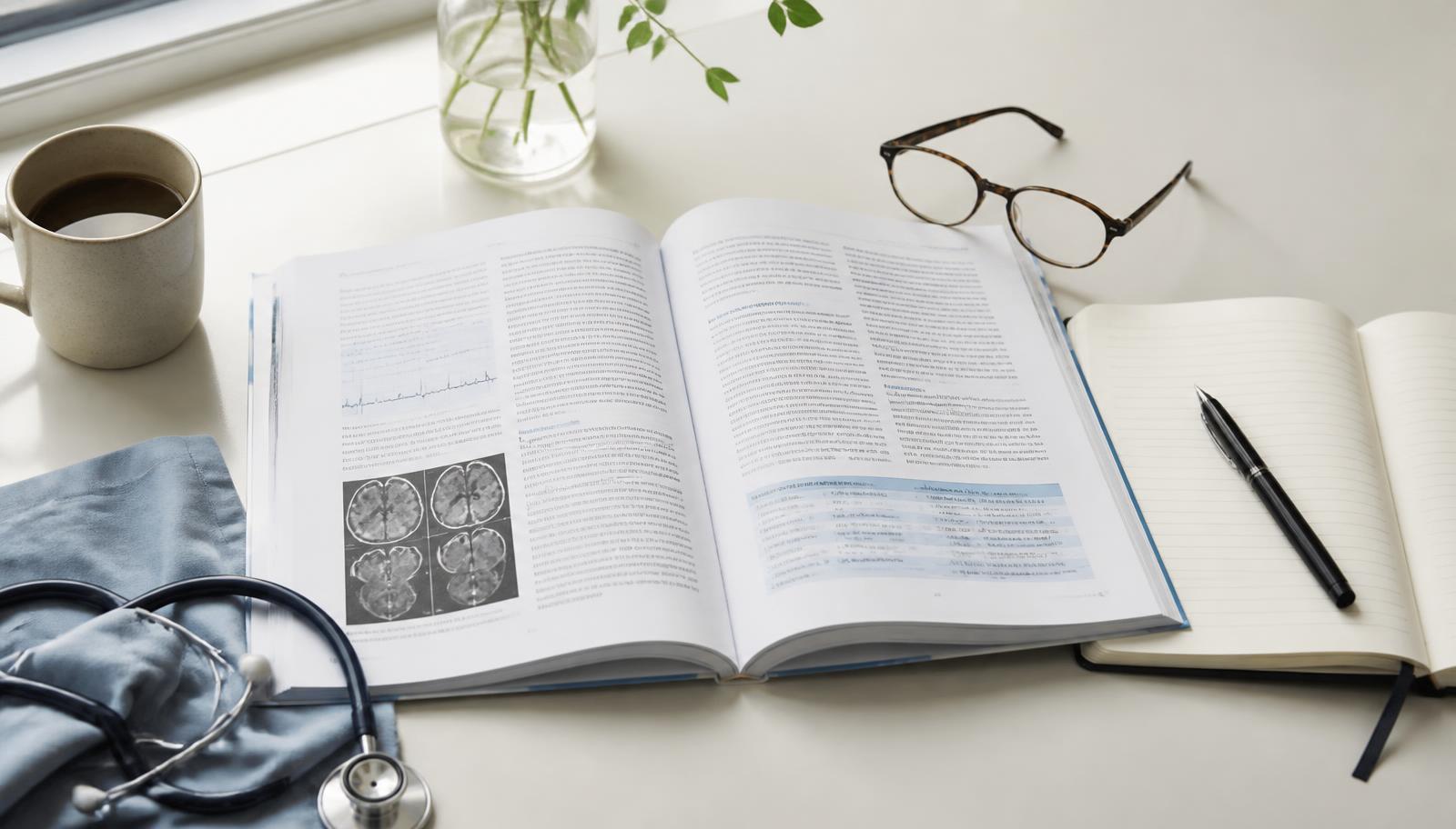 An open medical journal, reading glasses and a notebook on a desk by a window