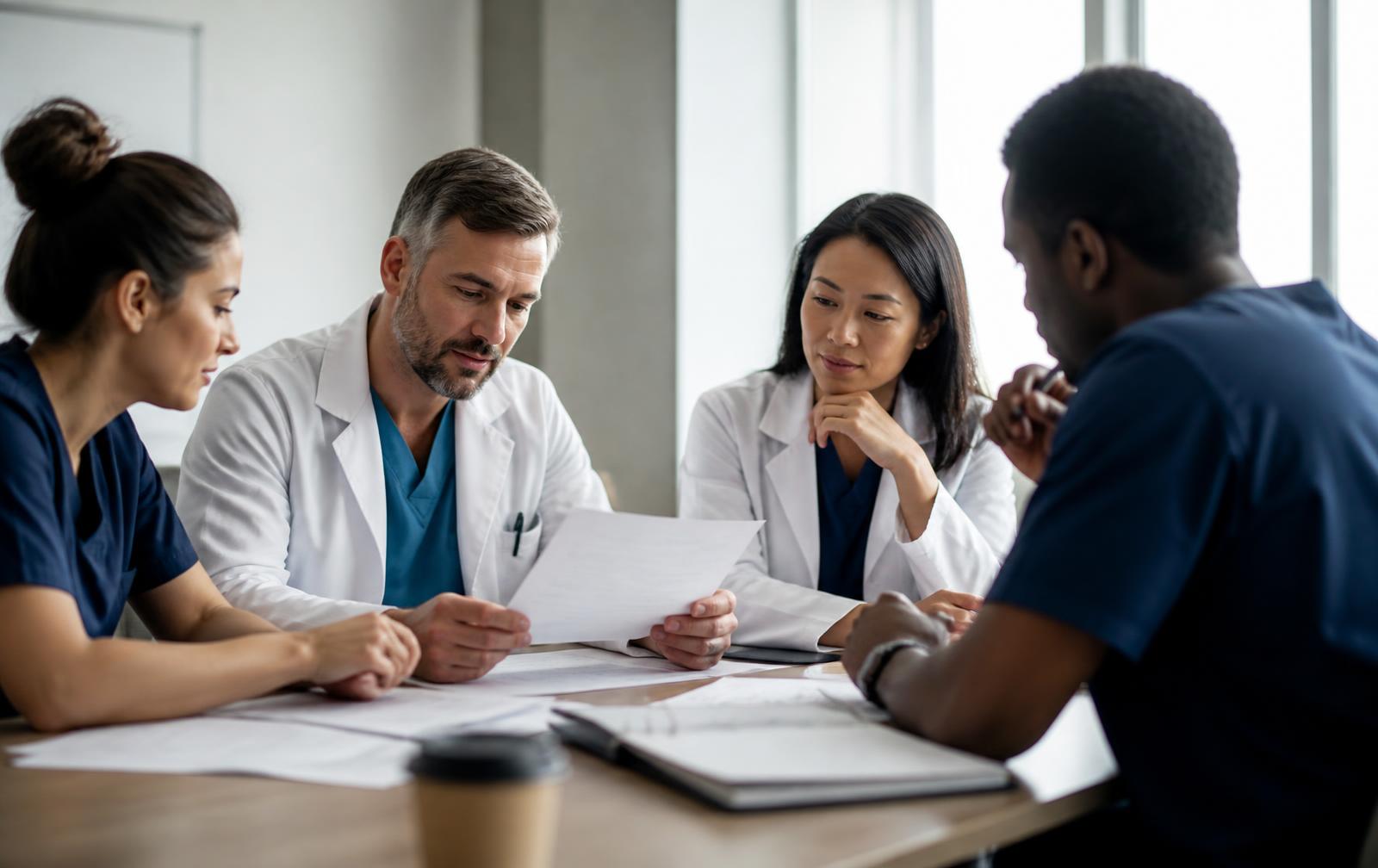 Clinicians reviewing printed clinical protocols together in a seminar room